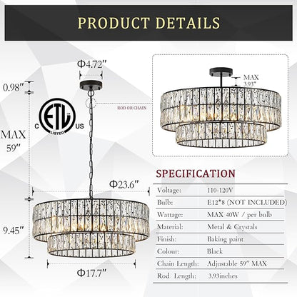 CATINER 24'' Black Crystal Chandeliers Luxury 8-Lights Pendant Chandelier Drum Semi Flush Mount Ceiling Lights for Living Room Dining Room Foyer Bedroom Kitchen