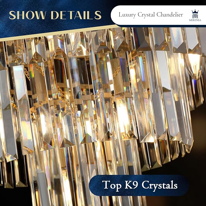 Gold Crystal Chandeliers Modern Round 20" Chandelier 7 Lights Ceiling Pendant Light Fixture Luxury 3-Tier K9 Crystal Lighting for Living Room Dining Room Bedroom Kitchen Foyer