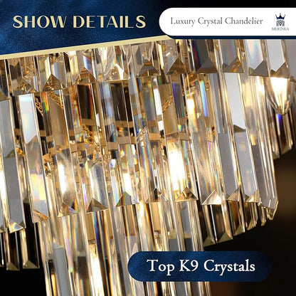 Gold Crystal Chandeliers Modern Round 20" Chandelier 7 Lights Ceiling Pendant Light Fixture Luxury 3-Tier K9 Crystal Lighting for Living Room Dining Room Bedroom Kitchen Foyer