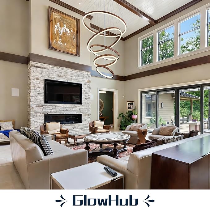 5 Ring LED Chandelier Wood Grain Finish Modern Round Chandelier Dimmable Foyer Pendant Light Fixture with Remote High Ceiling Hanging Chandelier for Dining Room Living Room Staircase, D24" 3000-6500K