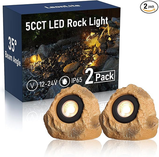 LEONLITE 5CCT LED Rock Lights Outdoor, 5W Low Voltage Landscape Spot Light for Garden, Yard, Decorative Stone Light, 12-24V AC/DC, CRI90, 200lm, IP65 Waterproof, Triangle, Yellow, Pack of 2