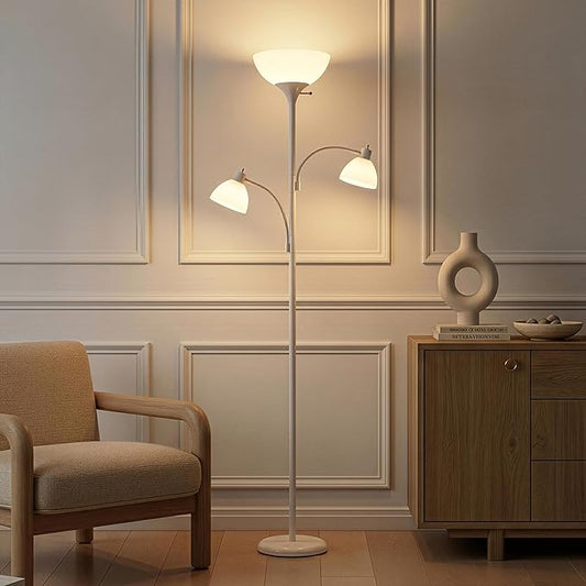 Brightech Sky Dome Double – High Brightness Torchiere Floor Lamp with 2 Reading Lights for Living Rooms, Bedrooms – Replace Halogen Standing Lamps with Efficient LED Office Lighting - Tall White Pole