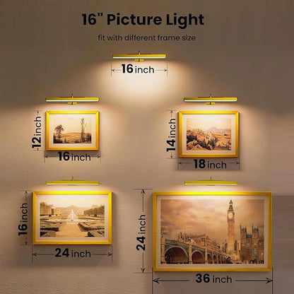 Lights for Pictures on Wall, 16in Battery Operated Picture Lights for Paintings, 5000mAh Wall Lights with Remote and 3 Light Modes,Art Light for Wall Painting,Frame, Portrait, Dartboard - Gold