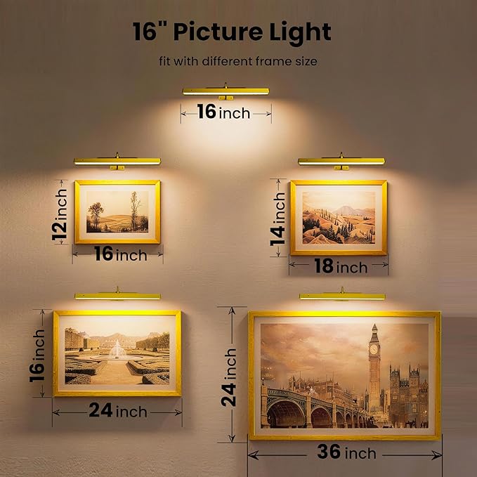 Picture Light 3Pack- 16in Picture Lights for Wall, 5000mAh Wireless Rechargeable Battery Picture Lights, Wall Light, Art Display Light for Gallery Artwork, Paintings, Portraits, Dartboards- Gold