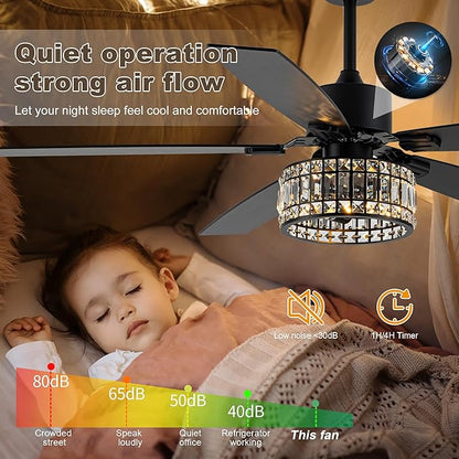 Chandelier Ceiling Fans with Lights and Remote,Caged Ceiling Fan with Light,App 5 Blades E26 Fandelier Ceiling Fans with Lights,Crystal Ceiling Fan for Bedroom,Living Room. (Black, 60 Inch)
