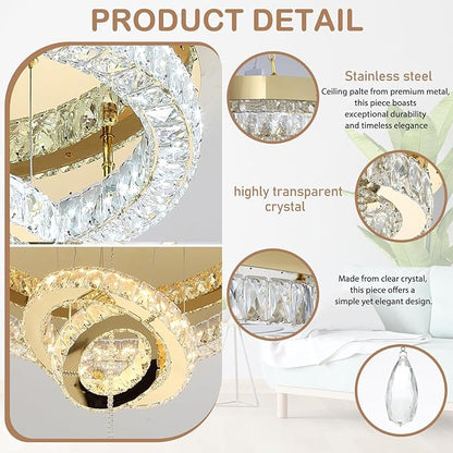 Flashing God Dia 20" Modern Crystal Chandelier for Dining Room Gold Ceiling Chandelier Flush Mount Ceiling Light for Living Room Bedroom Hallway