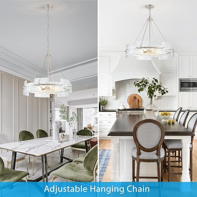 XINGQI 26" Large 8-Light Modern Silver Glass Chandelier Drum Light Fixture Round Water Ripple Pendant Lighting for Dining Room Living Room Kitchen Island Office
