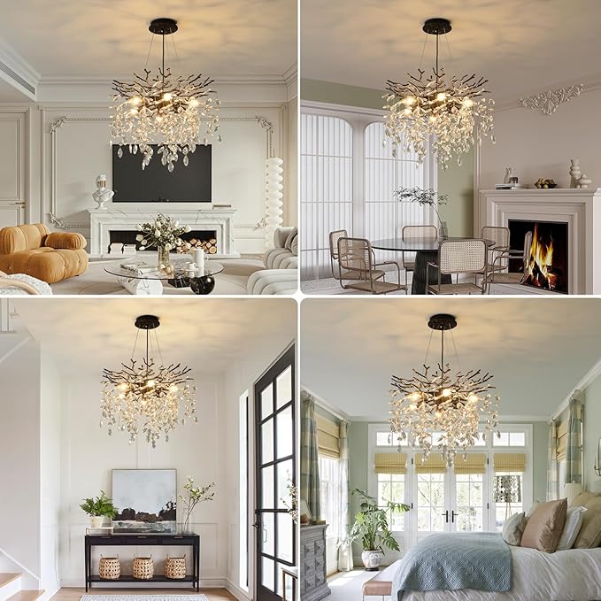 EGM Black Tree Branch Crystal Chandelier, 18 Inch Modern Dining Room Crystal Chandelier 6-Light(E12), Hanging Round Chandeliers for Living Room Bedroom Foyer