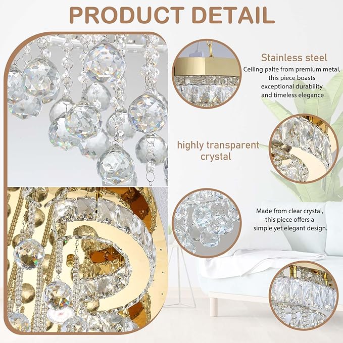 Flashing God 40inches Gold Chanderliers for Living Room Crystal Chandelier Ceiling Light Fixture Raindrop Pendant Light for Foyer Dining Room Hallway Bedroom LED Dimmable Lighting 2700k 4500k 6000k