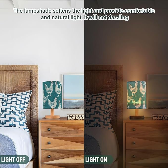 Bedside Table Lamp Chicken Animals Teal Nightstand Lamp with Wood Desk Lamps for Bedroom Living Room Nursery Office Home Decor
