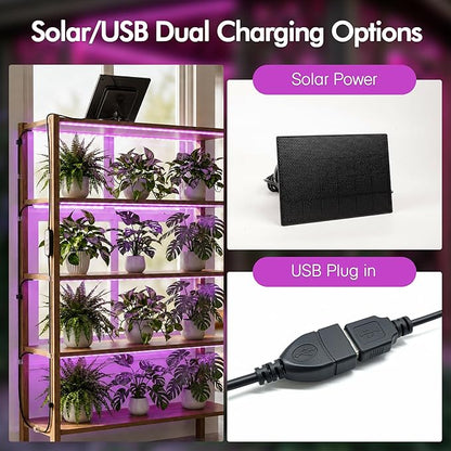 Solar Grow Light Strip with Battery Operated for Outdoor Plant, Full Spectrum Plant Growing Lights, IP65 Waterproof for Greenhouse, 16.4FT Indoor Solar Powered with Timer for All Stage Plants