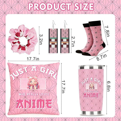 Kawaii Anime Gifts for Girls Includes 20oz Tumbler, Pillow Cover, Earrings, Scrunchies, Socks, Just A Girl Who Really Loves Anime, Birthday Gifts for Women Girls Friends Sister