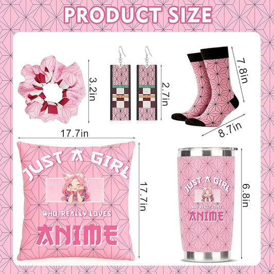 Kawaii Anime Gifts for Girls Includes 20oz Tumbler, Pillow Cover, Earrings, Scrunchies, Socks, Just A Girl Who Really Loves Anime, Birthday Gifts for Women Girls Friends Sister