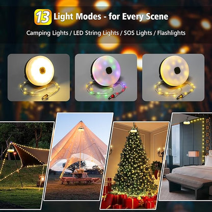 Solar Camping String Lights 130LEDs,33 FT Fairy Lights with 13 Lighting,Portable Waterproof 4 in1 Camping Lantern,Retractable Twinkle Lights for Outdoor Camping Gear Essentials Accessories