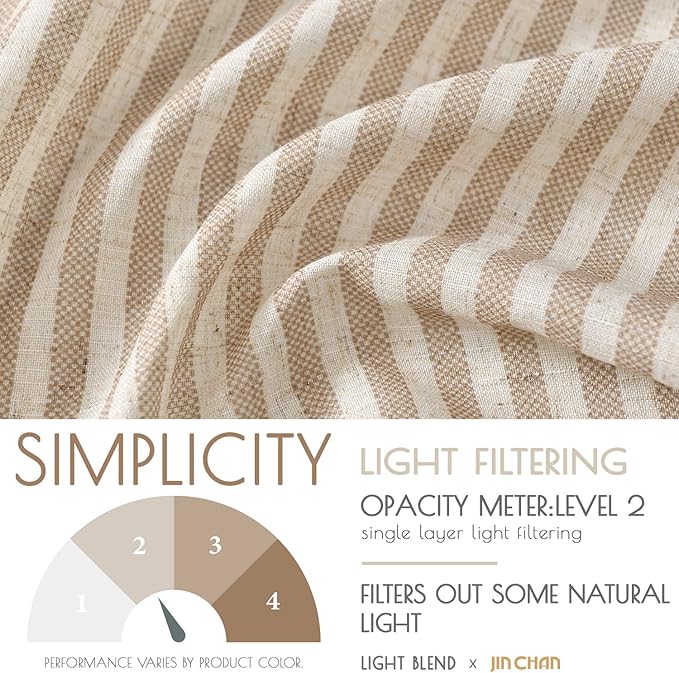 jinchan Tie Top Linen Kitchen Curtains 36 Inches Striped Tier Curtains Farmhouse Modern Cafe Style Small Window Treatments Airy Light Filtering Rod Pocket for Living Room Bathroom 2 Panels Tan
