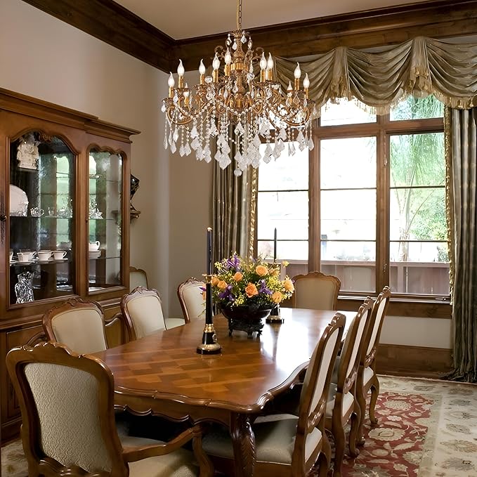 15 Light Classic Vintage Crystal Candle Chandeliers for Living Room Dining Room Foyer Entryway Antique Gold Finish