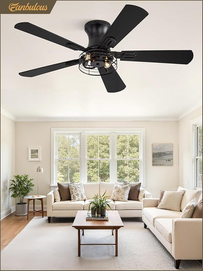 1 Pack Flush Mount 42 Inch Farmhouse Ceiling Fan with Light, Caged Ceiling Fans for Bedroom Living Room, Double-Sided 5 Blades Rustic Ceiling Fan-Black