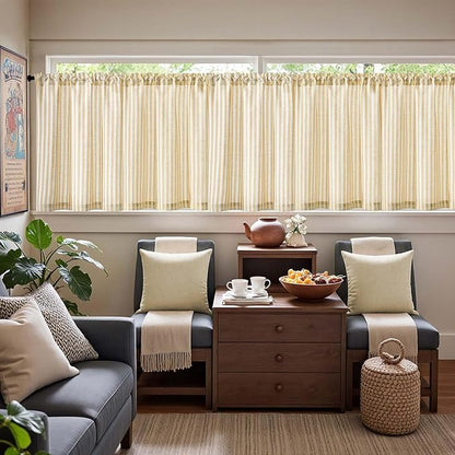 jinchan Striped Linen Kitchen Curtains 30 Inches Tier Curtains Farmhouse Modern Cafe Style Small Window Treatments Airy Light Filtering Rod Pocket for Living Room Bathroom 2 Panels Aqua Blue