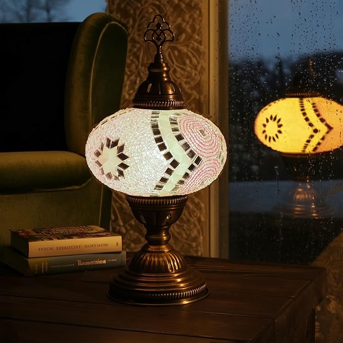 Turkish Mosaic Table Lamp with Bulb – Handmade Pink Stained Glass Light, Vintage Bohemian Decorative Bedside Lamp with US Plug & E12 Socket