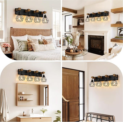 4 Light Farmhouse Vanity Light for Bathroom, Wood Bathroom Vanity Light Fixtures Over Mirror, Rustic Sconces Wall Lighting with Metal Lampshade for Living Room, Bedroom, Hallway