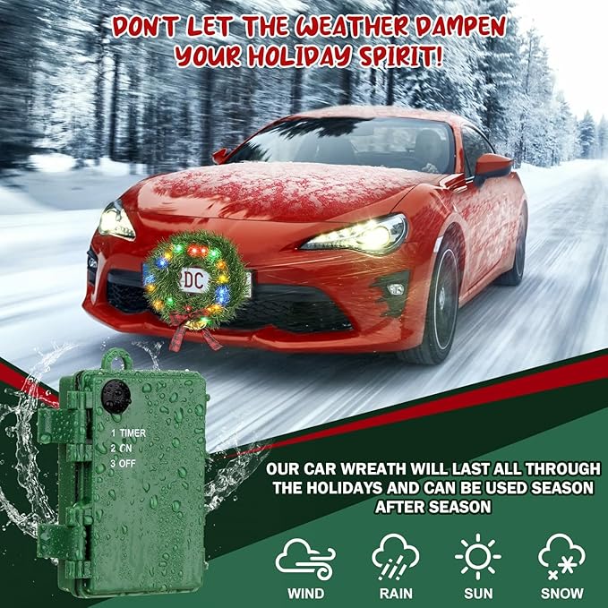moveland 11" LED Christmas Car Wreath - 5 Colors Lights Artificial Christmas Wreath with Bow and Bells - Christmas Decoration for Golf Carts Jeeps Trucks SUVs Decor