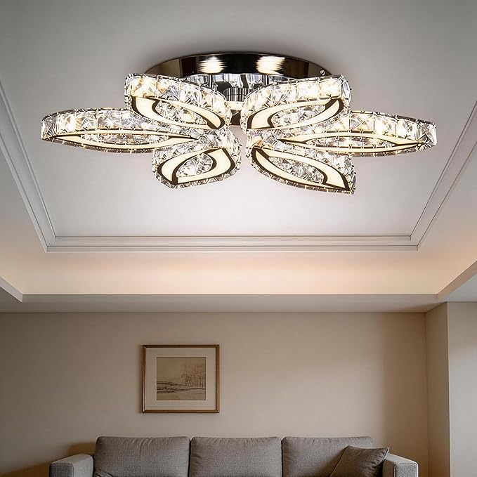 CLAIRDAI 20" Modern Crystal Ceiling Light Led Flush Mount Chandelier Flower Light Fixture Close to Ceiling Light for Bedroom Living Room Dining Kitchen (Multi-Color)