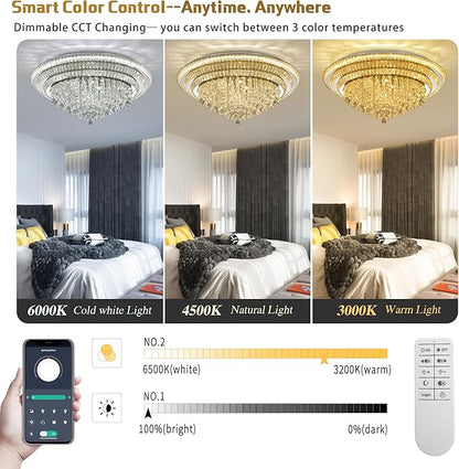 40 inch Crystal Silver Ceiling-Light Flush Mount With Remote Control and APP, 3CCT Dimmable & Brightness Adjustable, Modern Crystal Raindrop Chandeliers for Bedroom Hallway Dinning Room Living Room