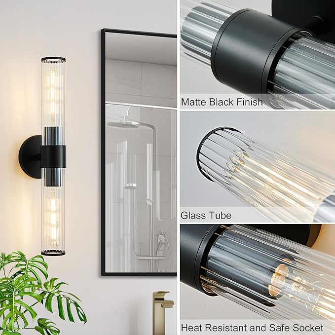 Bathroom Vanity Light Fixtures, Black Wall Sconces in Threaded Glass, Modern Wall Light for Bathroom Living Room Bedroom, Hallway - Bulb Not Included