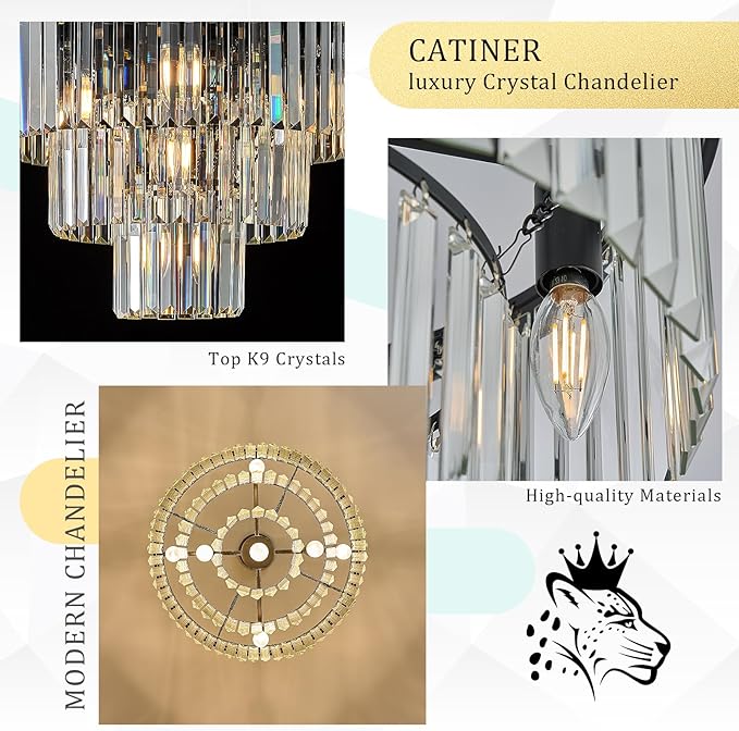 CATINER Black Crystal Chandeliers, 20” Modern Chandeliers for Dining Room 3 Tiers 7 Lights Luxury K9 Crystal Ceiling Pendant Round Light Fixture for Foyer Kitchen Bedroom Closet