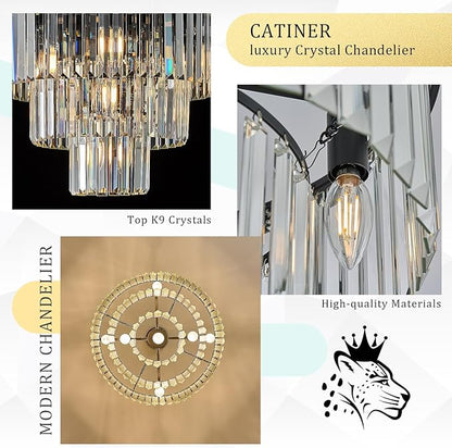 CATINER Black Crystal Chandeliers, 20” Modern Chandeliers for Dining Room 3 Tiers 7 Lights Luxury K9 Crystal Ceiling Pendant Round Light Fixture for Foyer Kitchen Bedroom Closet