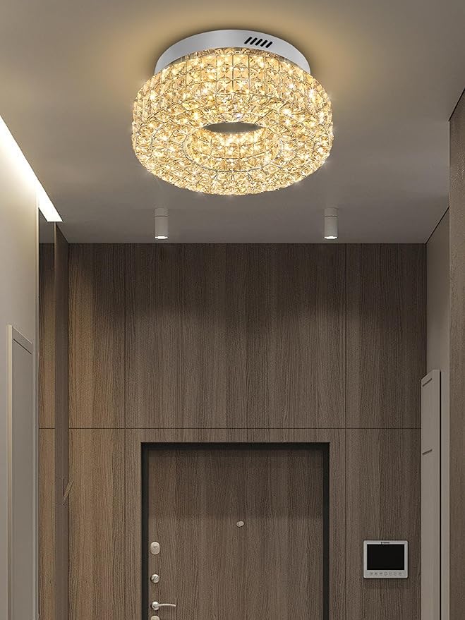 ykolupty 16" Crystal Chandeliers,Round Chandelier for Living Room Modern Flush Modern Crystal Ceiling Light Fixture for Foyer Bedrooms Dining Room Hallway Silver