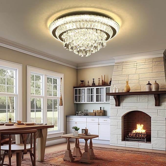 24 inch Crystal Silver Ceiling-Light Flush Mount With Remote Control and APP, 3CCT Dimmable & Brightness Adjustable, Modern Crystal Raindrop Chandeliers for Bedroom Hallway Dinning Room Living Room