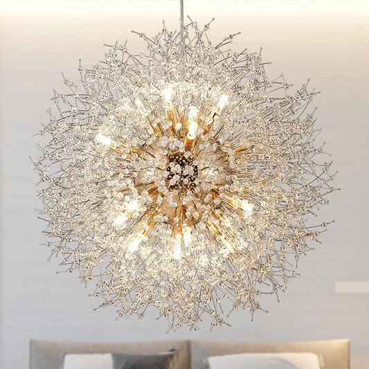 Modern Sputnik Chandelier, 16 Lights Dandelion Crystal Chandelier, Gold Firework Chandelier Pendant Light Fixture for Foyer Living Room Bedroom