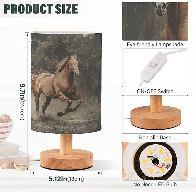 Table Lamp Horse Running in Woodland Nightstand Lamp with Wood Base Fabric Lamp Shade Bedside Desk Lamp for Living Room Bedroom Kids Room Office
