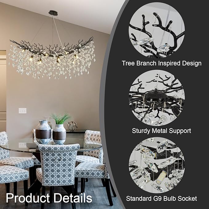 Modern Crystal Black Chandelier, 47" Large Rectangular Tree Branch Chandeliers for Dining Room Over Table,Living Room,High Ceiling,Kitchen Island,Foyer,Staircase, Crystals Ceiling Light Fixtures