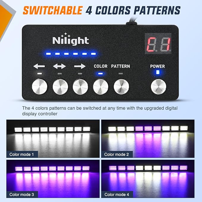 Nilight 162 LED Traffic Advisor Strobe Light Bar 2-in-1 Purple White Emergency Warning Hazard Lights with Controller 4 Switchable Color 36 Flash Pattern for Trucks Cars Tow Plow Construction Vehicles