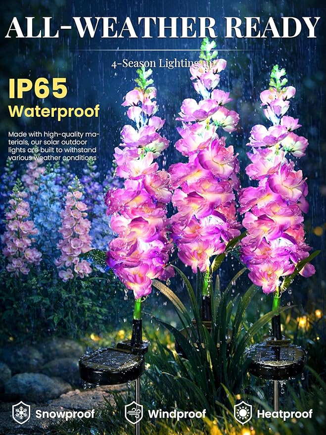 GIGALUMI Solar Lights Outdoor for Garden Decor, 2 Pack Solar Flower Lights Waterproof, 2 Lighting Modes Delphinium for Pathway,Yard, Patio Decoration, Gardening Gifts for Women (Purple)