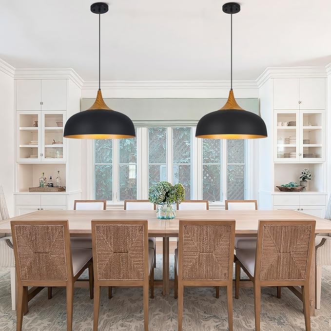 Black Farmhouse Dome Pendant Light 17.7" Large Vintage Pendant Light Fixtures Hanging Wooden Pendant Lighting for Kitchen Island Dining Room Living Room Foyer Hallway