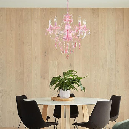 Plug-in 5 Lights Pink Crystal Hanging Pendant Light Acrylic Chandelier with Clear Cord & On/Off Switch H19 D19.7 for Kitchen Island Girls' Room Dining Area Laundry Pavilion.