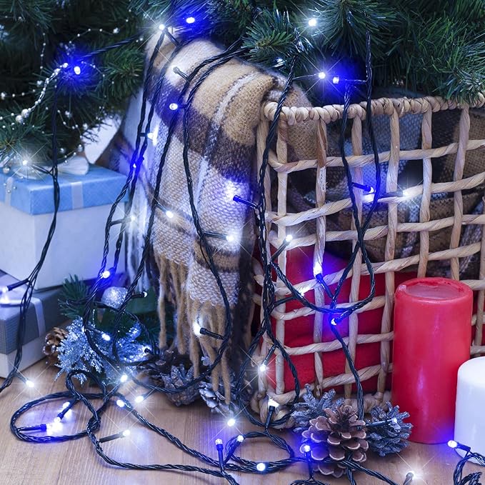 Blue and White Christmas Lights Outdoor, 100FT 300 LED String Lights for Outside Waterproof with 8 Modes, Connectable Plug in Fairy Lights for Indoor Patio Garden Xmas Tree Party Decorations