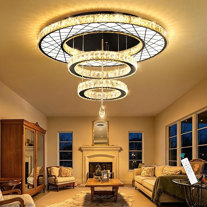HAIXIANG Crystal Glam Chandelier LED Ceiling Light Living Room Lighting Fixtures Remote Dimmable Ceiling Chandeliers 32 Inches Light Black Lamp