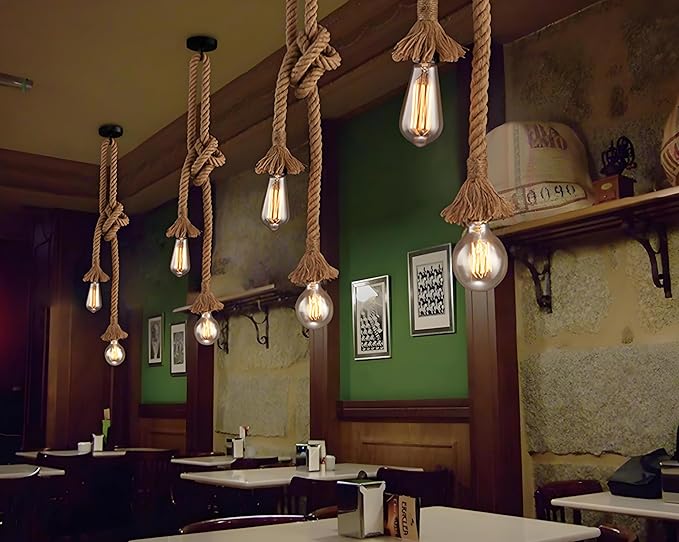 2 Head 1.5 Meter Hemp Rope Vintage Ceiling Pendant Light Lamp Fixture E26/E29 Base,Retro Style for Dining Hall Restaurant Bar Lighting(Bulb not Included)