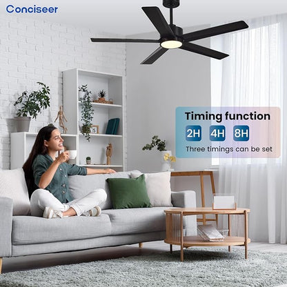 Conciseer Modern Ceiling Fans with Lights,52 Inch Ceiling Fans with Remote for Bedroom Living Room Kitchen, 18W 6CCT Dimmable，5 Blades 6 Speed Reversible Quiet DC Motor Black