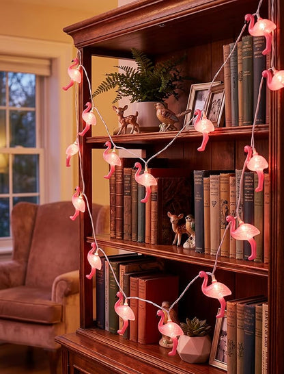 Summer Themed Pink Flamingo String Lights, 8.5Ft Tropical Beach Flamingo Decor Lights, Indoor/Outdoor Party Lights for Bedroom Birthday Wedding Holiday Hawaiian Tiki Tropical Party Décor