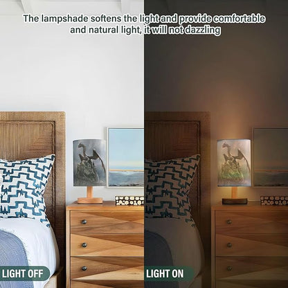 Table Lamp Dragon on Rock Nightstand Lamp with Wood Base Fabric Lamp Shade Bedside Desk Lamp for Living Room Bedroom Kids Room Office