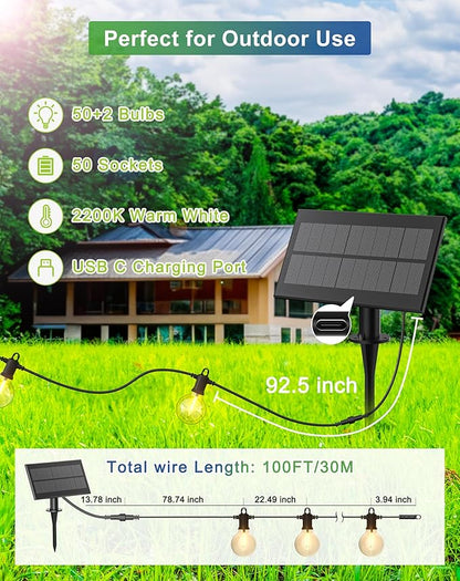 Zuske Solar String Lights Outdoor Waterproof 100FT with USB Port and 52 Shatterproof G40 Bulbs(2 Spare), LED Solar Powered Patio Lights for Outside, Porch, Backyard, Gazebo, Garden(Warm White)