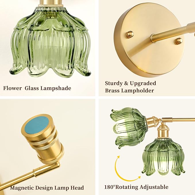 Wireless Wall Sconce with Flower lampshade, Battery Operated Wall Lights,Wall lamp with 15 Colors for Bedroom Living Room Home Decor (Green, 1 Light Battery Operated)