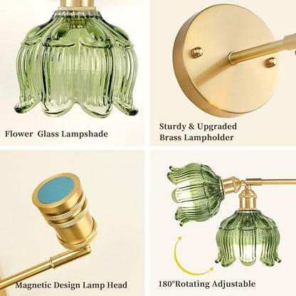 Wireless Wall Sconce with Flower lampshade, Battery Operated Wall Lights,Wall lamp with 15 Colors for Bedroom Living Room Home Decor (Green, 1 Light Battery Operated)
