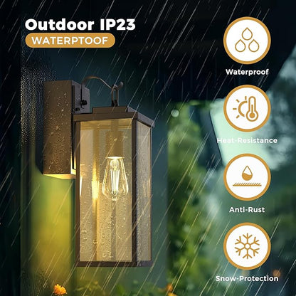 DORESshop Upgraded Dusk to Dawn Outdoor Wall Lights with GFCI Outlets, 16 Inch Matte Black Waterproof Anti-Rust Outdoor Light Fixtures with Clear Glass, Exterior Light Fixtures for Porch, Garage, ETL