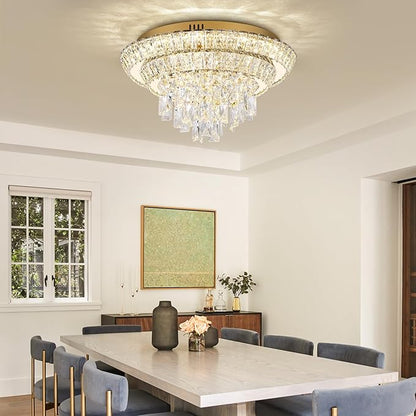 18 inch Crystal Gold Ceiling-Light Flush Mount With Remote Control and APP, 3CCT Dimmable & Brightness Adjustable, Modern Crystal Raindrop Chandeliers for Bedroom Hallway Dinning Room Living Room